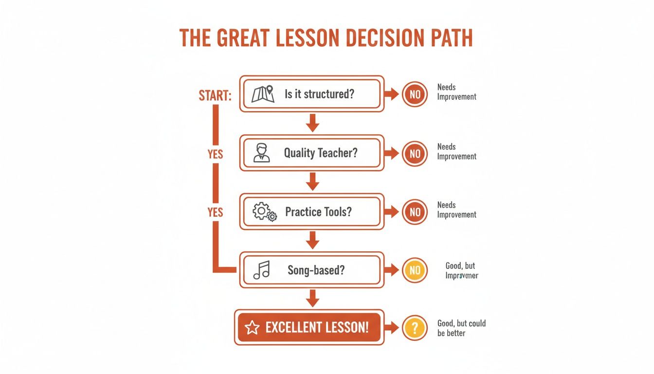 Flowchart illustrating a decision path for an excellent lesson, evaluating structure, teacher quality, tools, and song-based approach.