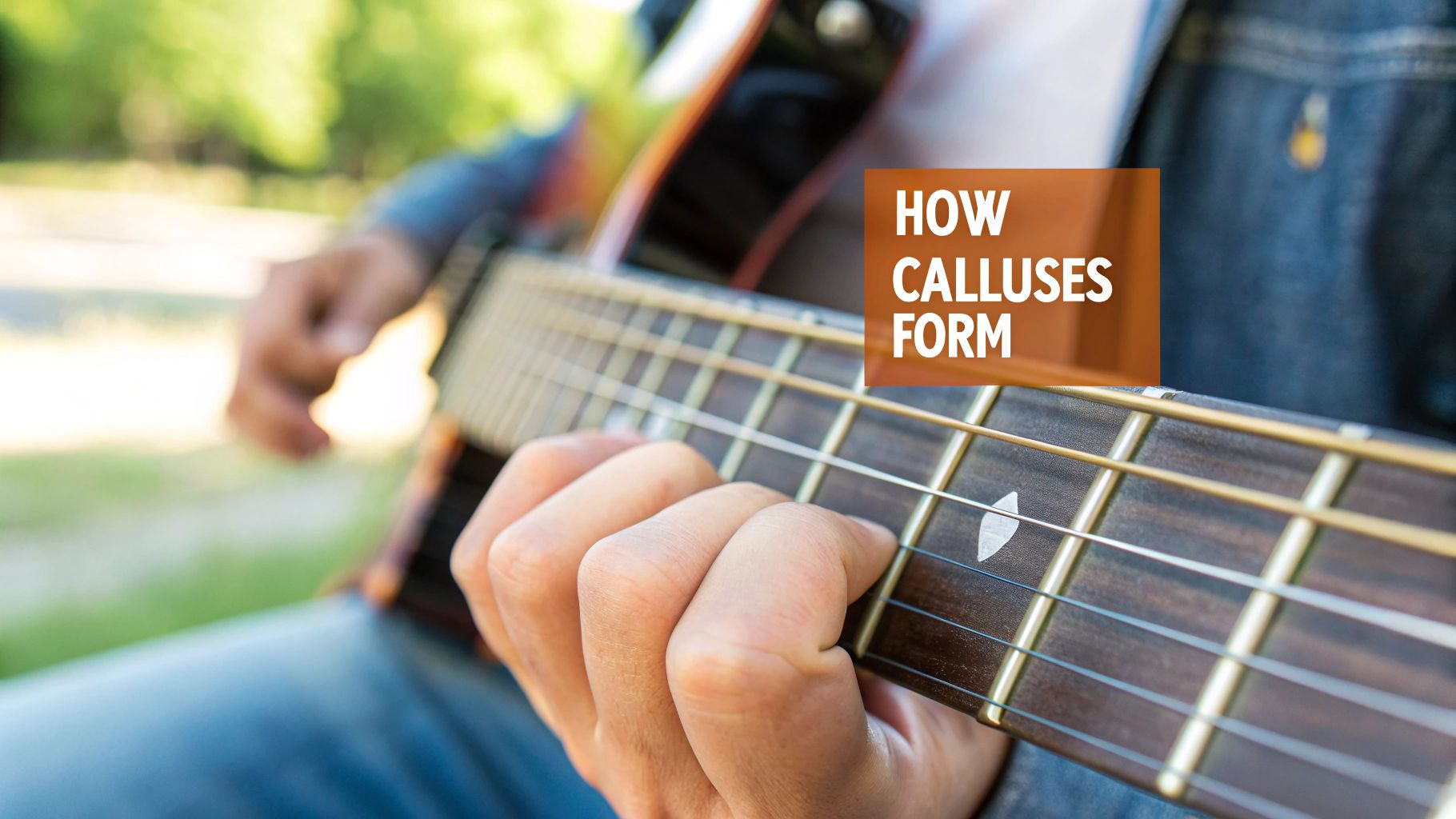 Close-up of a person's fingers pressing down on guitar strings, illustrating callus formation.