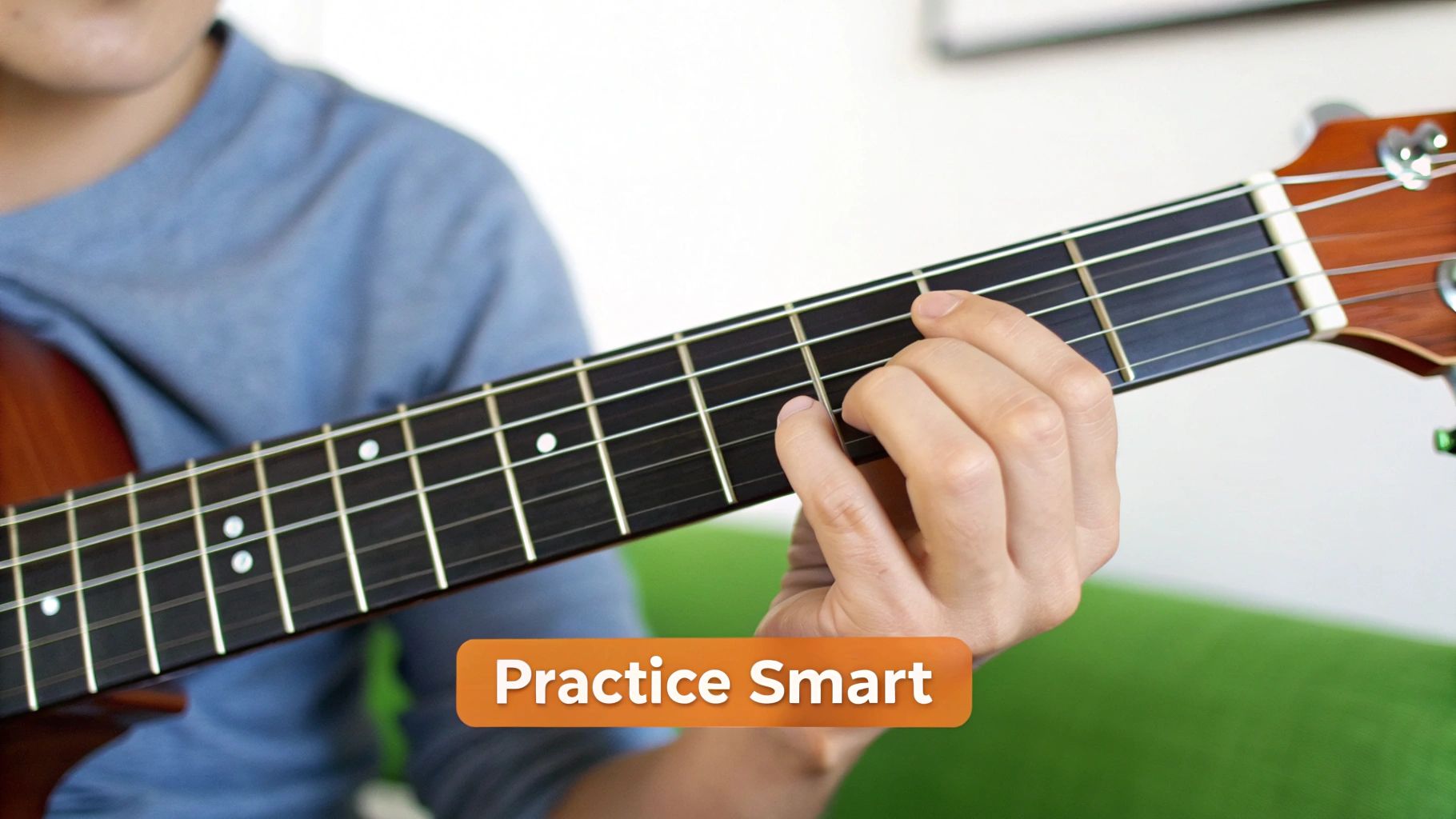Close-up of a person's hand pressing strings on a guitar fretboard, with 'Practice Smart' overlay.