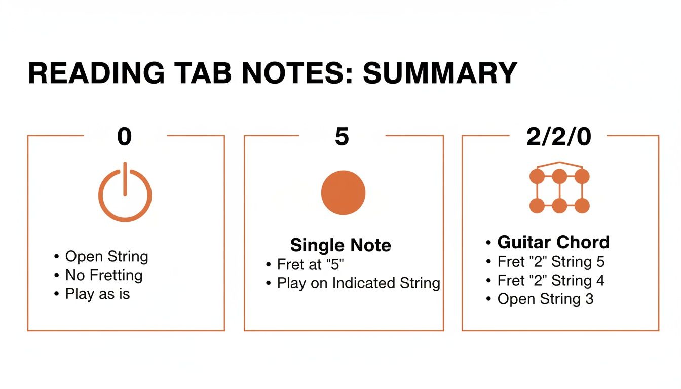 A guide to reading guitar tab notes, explaining open strings, single notes, and chords.