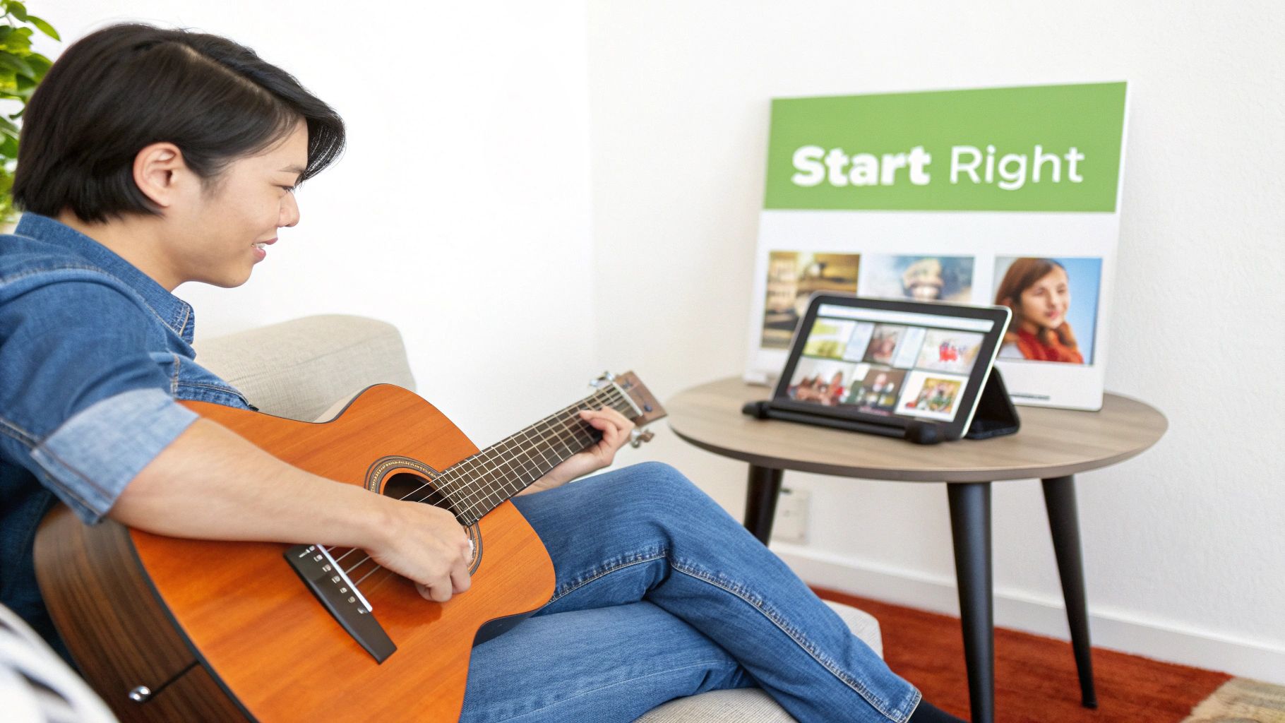 A person sits on a couch playing an acoustic guitar, looking at an online lesson on a tablet.
