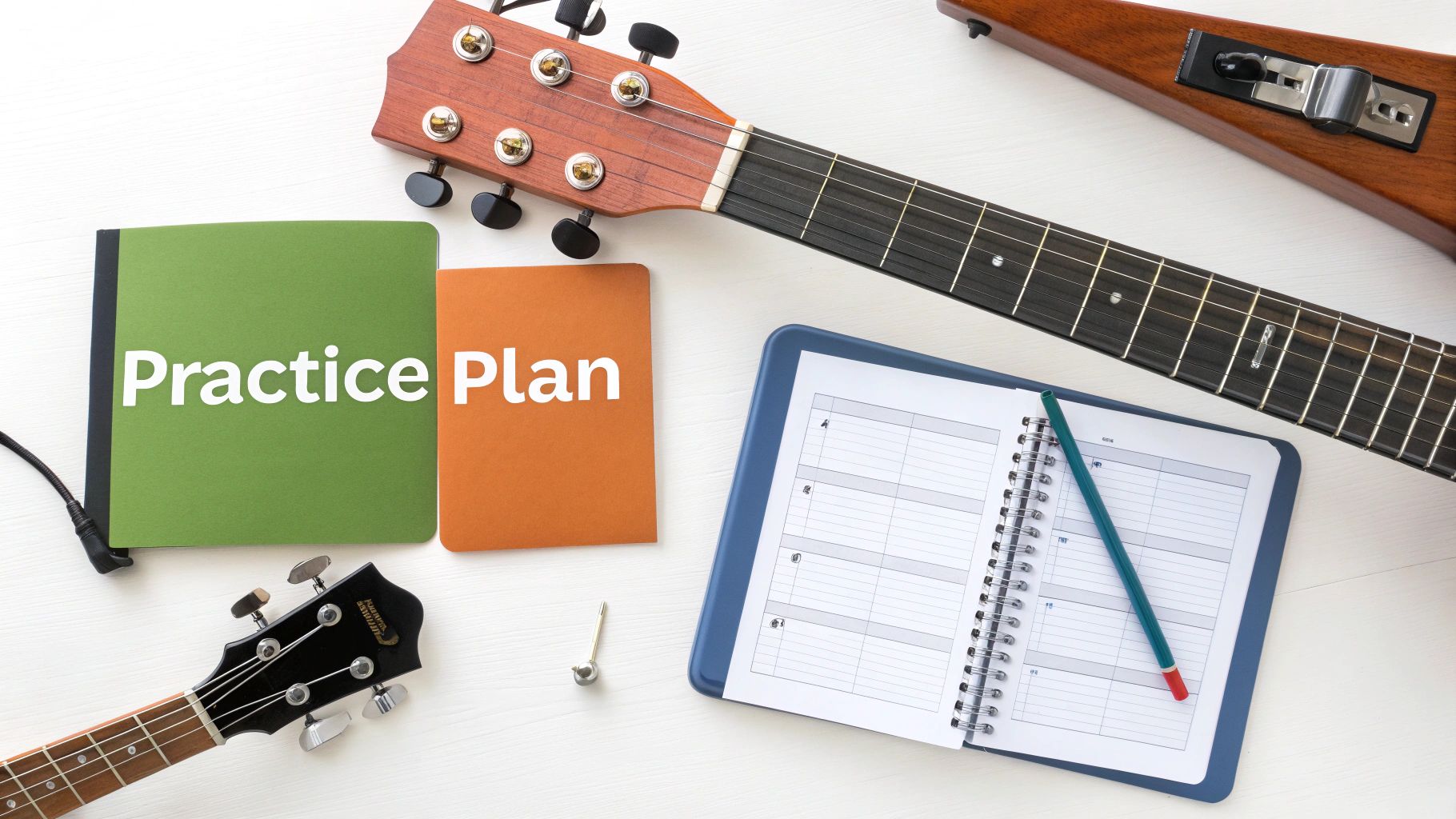 A flat lay of music practice essentials, including guitar necks, a 'Practice Plan' notebook, and a planner with a pencil.