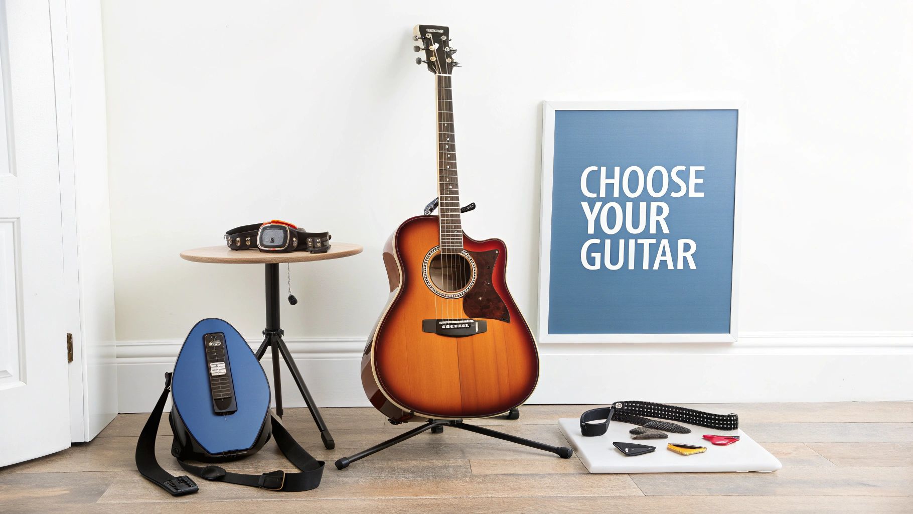 An acoustic guitar on a stand, a blue practice guitar, and guitar accessories.