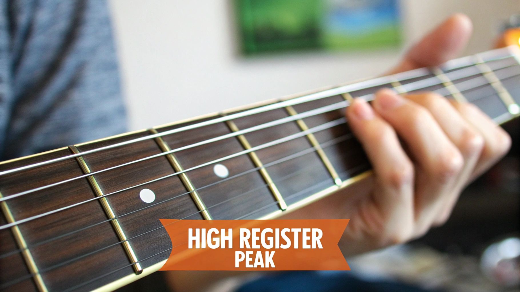 Close-up of a hand playing a guitar, pressing strings on the fretboard with a 'High Register Peak' banner.