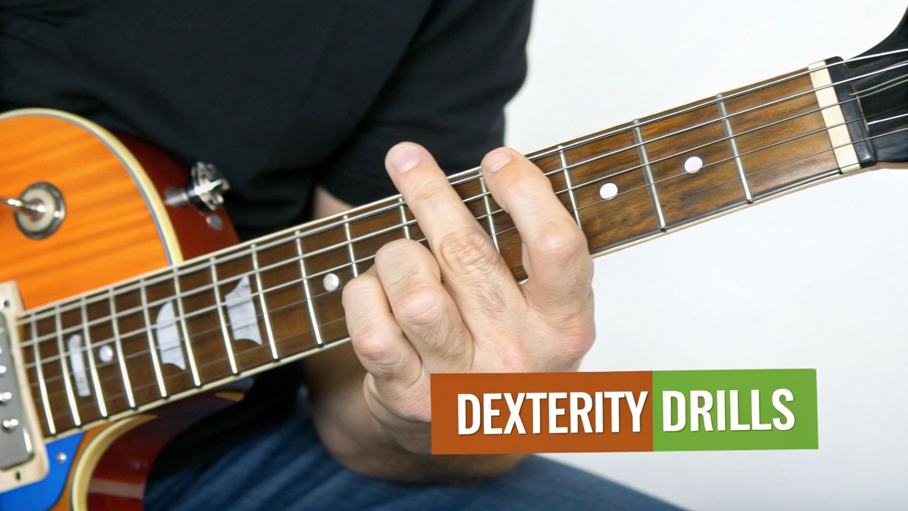 A close-up of a person's hand on an electric guitar fretboard, engaged in dexterity drills.