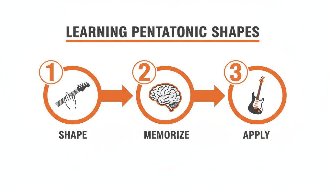 Infographic illustrating a three-step method for learning guitar pentatonic shapes: shape, memorize, apply.
