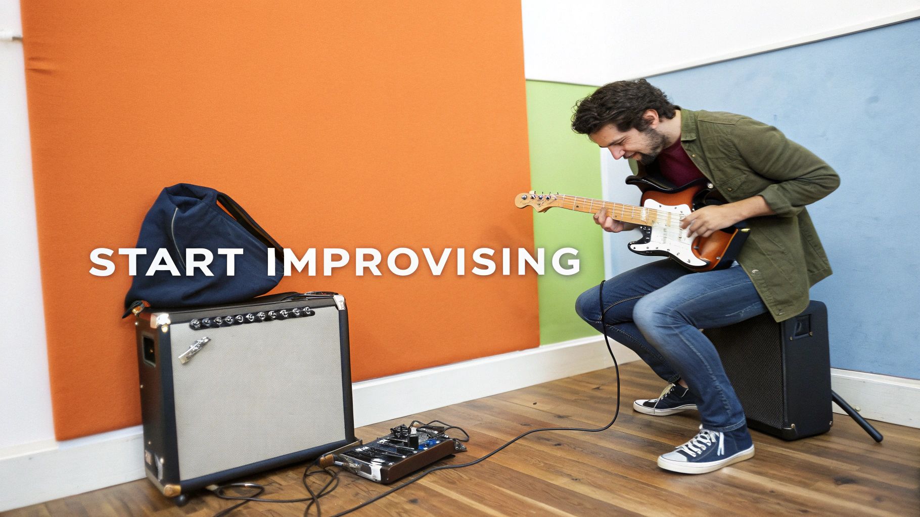 A smiling man plays an electric guitar in a studio, surrounded by music equipment and text.