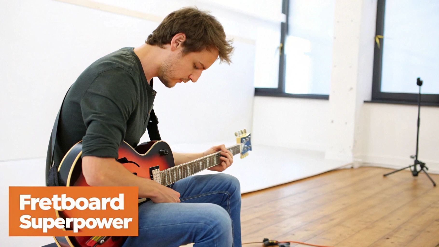 A focused man plays a sunburst hollow-body electric guitar, looking intently at the fretboard.