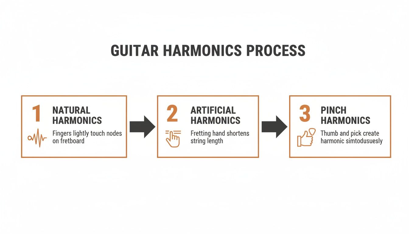 A diagram illustrating the three steps of playing guitar harmonics: natural, artificial, and pinch.