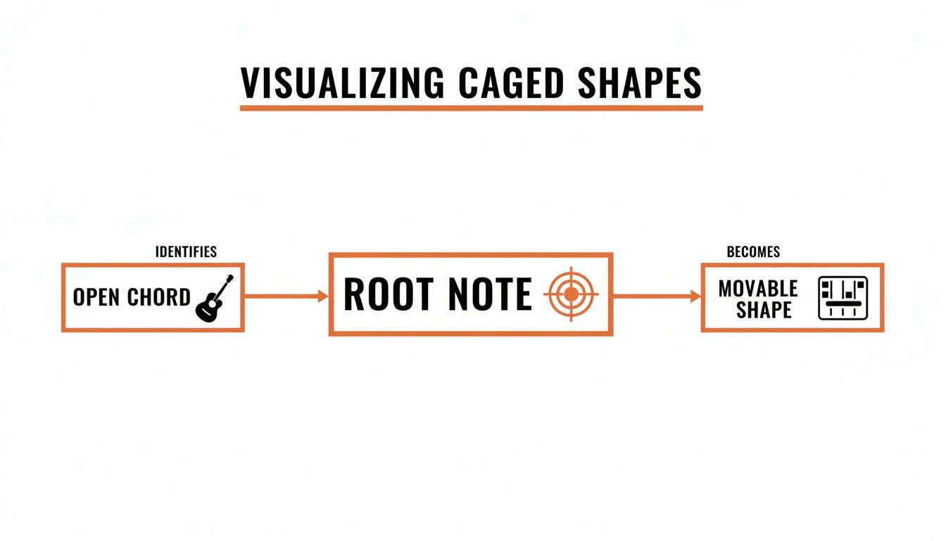 Flowchart illustrating the CAGED system for guitar: open chords identify root notes to become movable shapes.