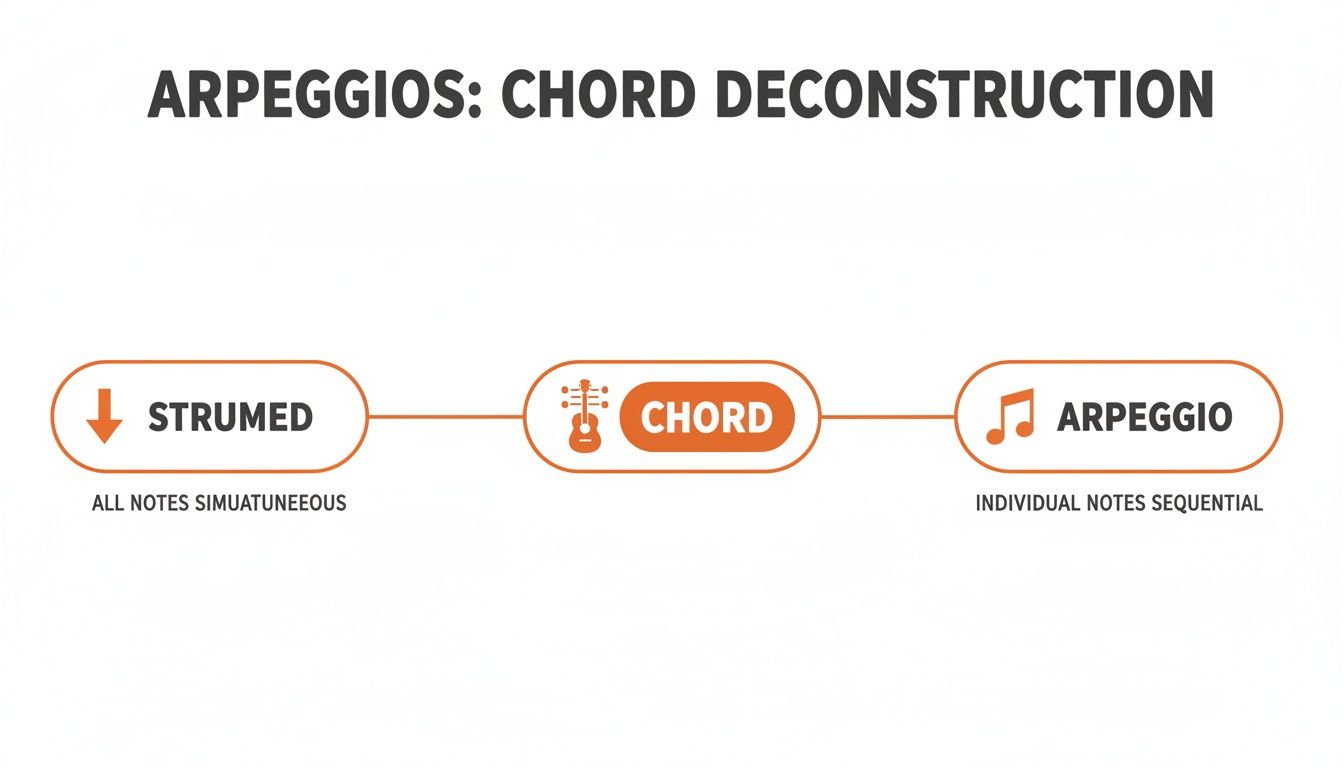 Diagram explaining arpeggios as deconstructed chords, illustrating strummed, full chords, and sequential notes.