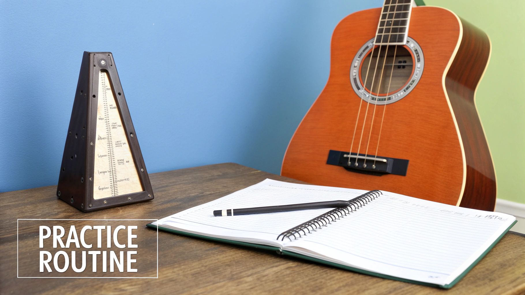 A metronome, acoustic guitar, notebook, and pencil on a wooden desk for a music practice routine.