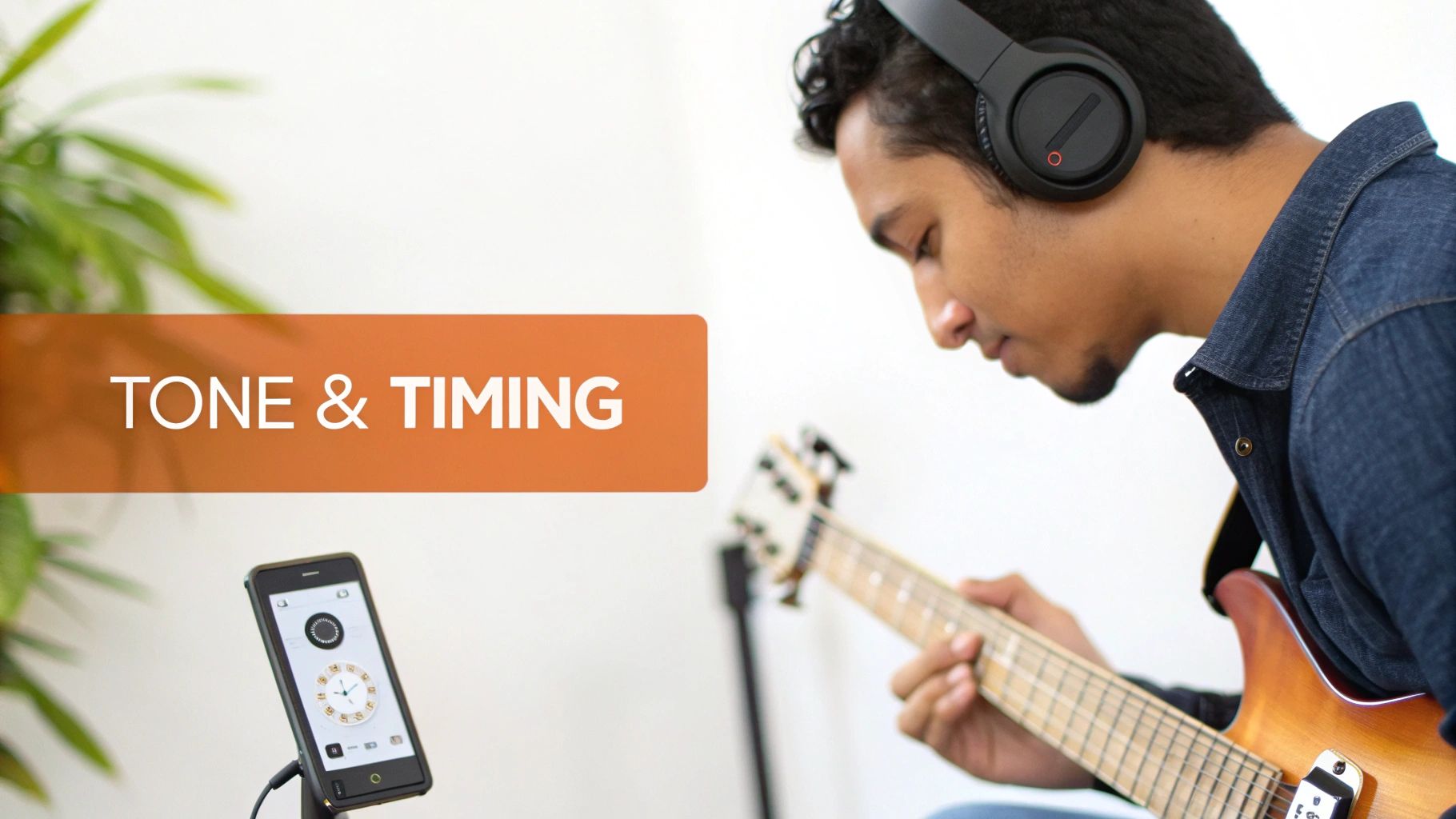 A guitarist wearing headphones practices electric guitar with a smartphone app, emphasizing 'TONE & TIMING'.