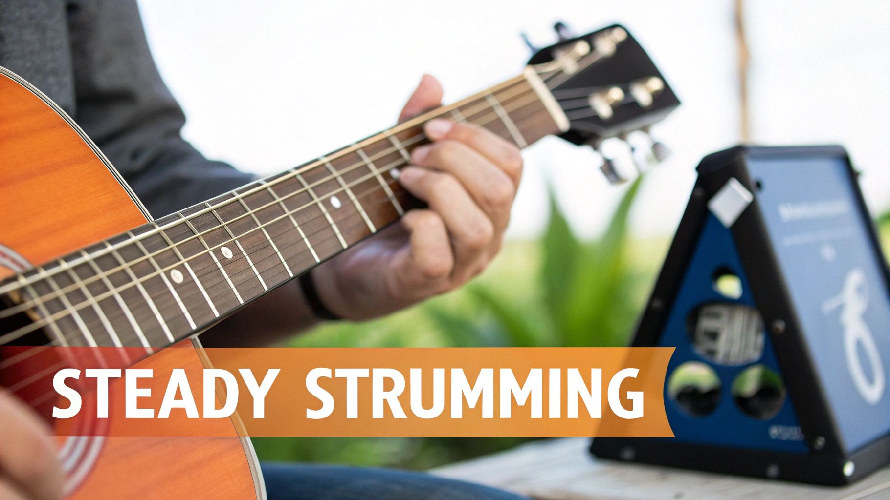 A close-up of a person's hands playing an acoustic guitar with a blue device.