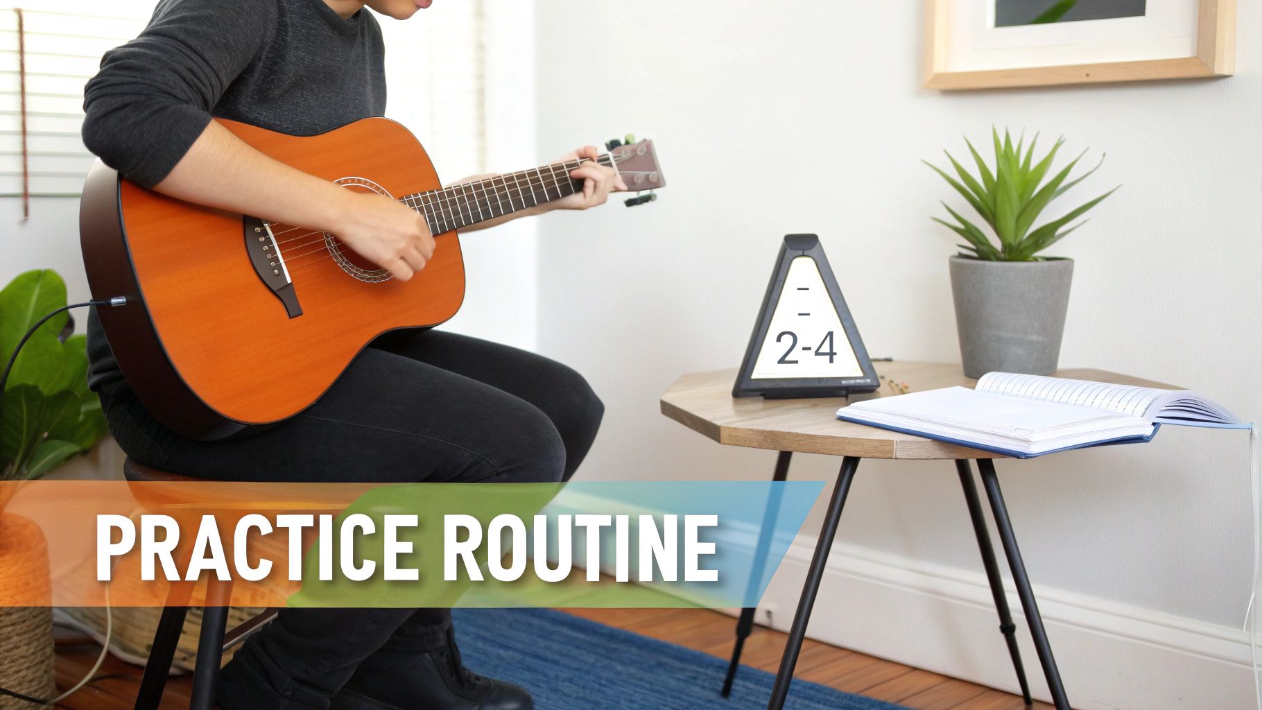 A person plays an acoustic guitar at home, next to a metronome and an open notebook.