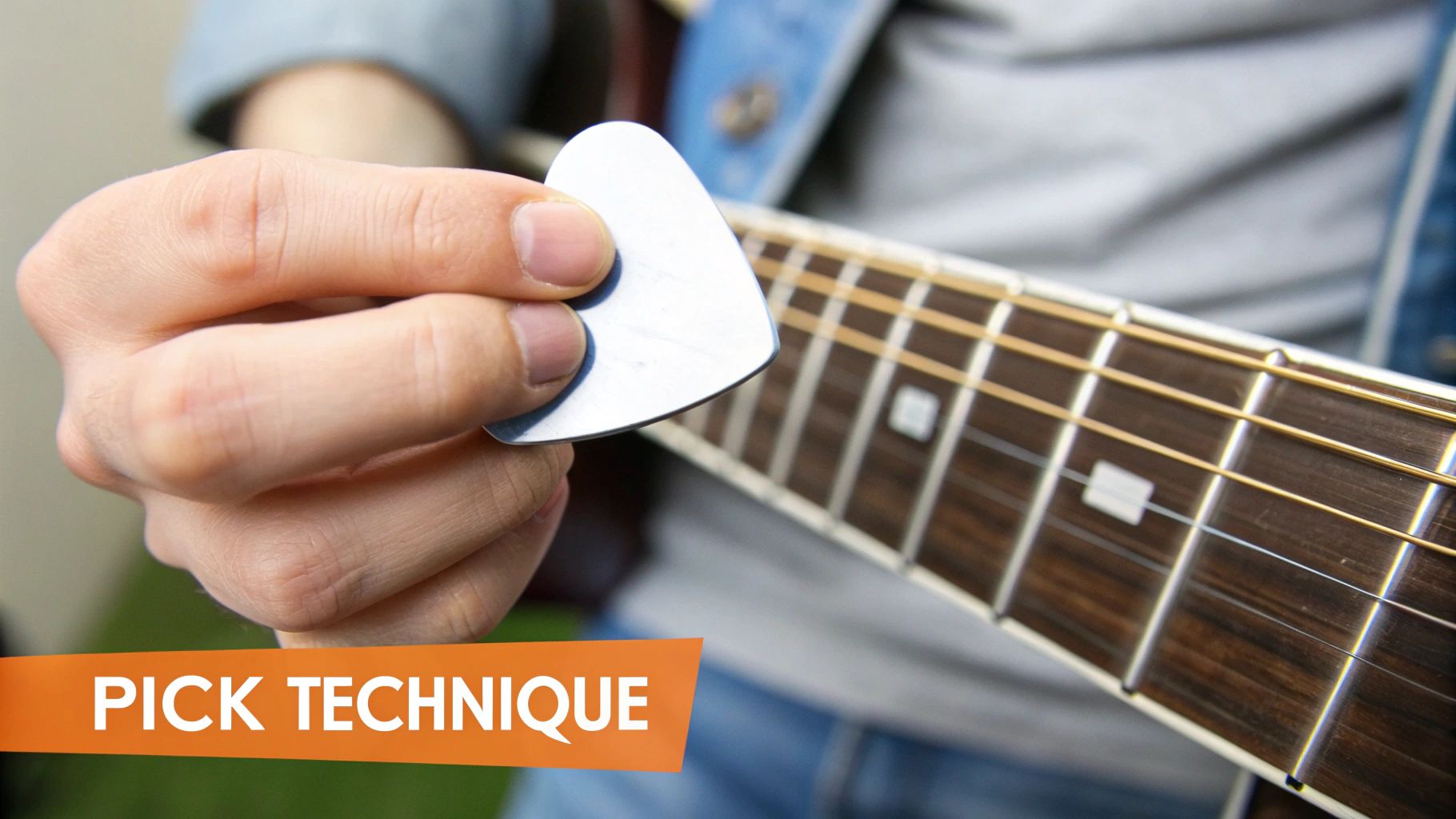 Close-up of a hand holding a white guitar pick over the fretboard of an acoustic guitar.