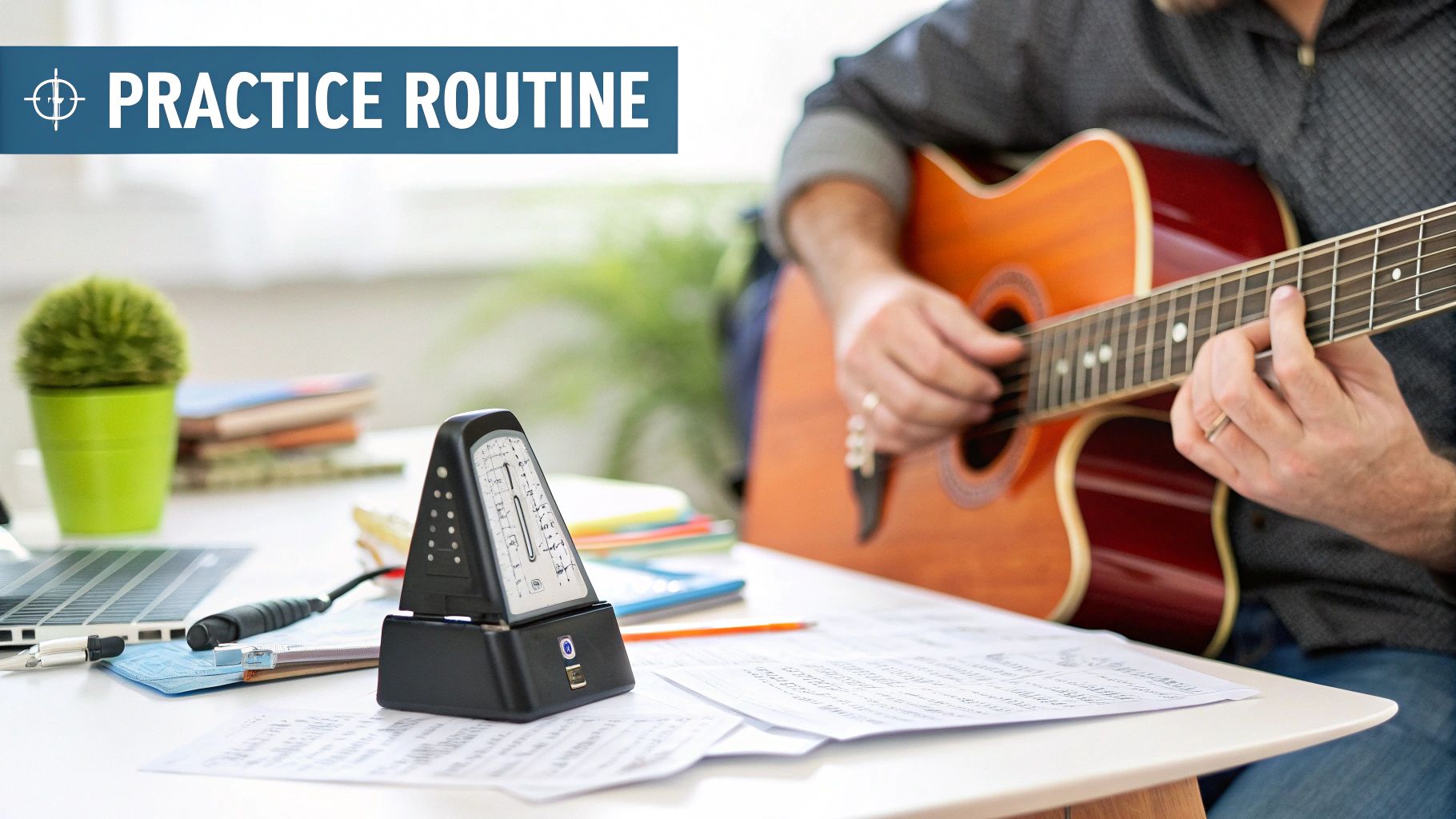 A person plays acoustic guitar, with a metronome and sheet music for a practice routine.