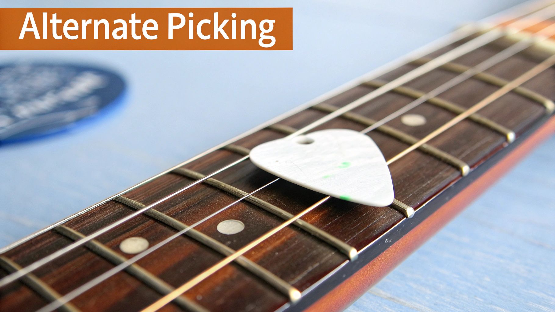 A white guitar pick resting on a guitar's fretboard, with 'Alternate Picking' text.