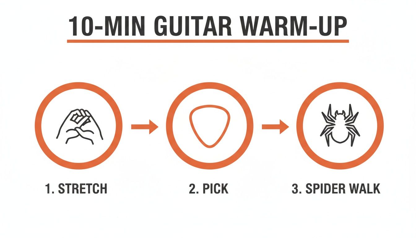 A 10-minute guitar warm-up routine with three steps: stretch, pick, and spider walk.