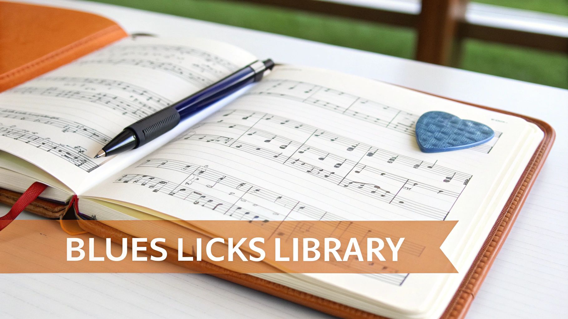 Music notebook with sheet music, a pen, and a heart-shaped pick, featuring 'Blues Licks Library' banner.