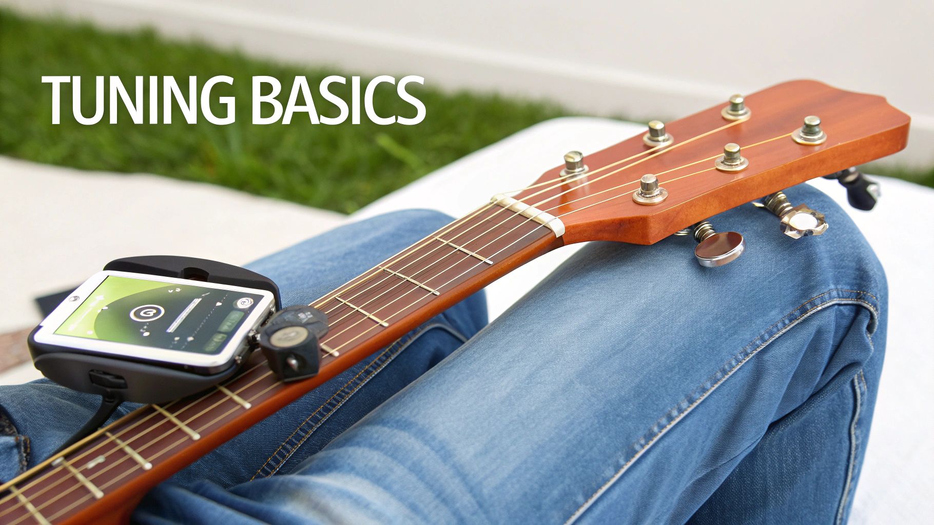 Person using a smartphone app to tune an acoustic guitar, with 'Tuning Basics' text.
