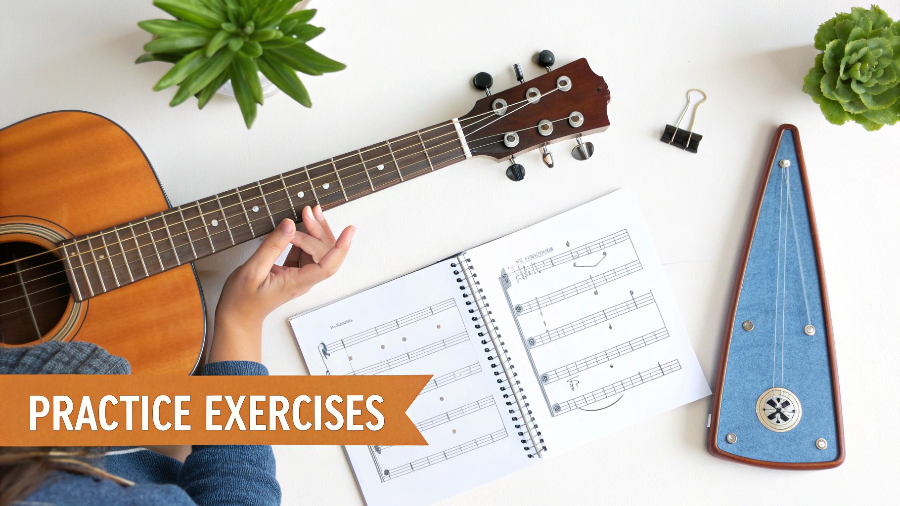 Overhead view of a person practicing guitar with music sheets, other instruments, and plants.