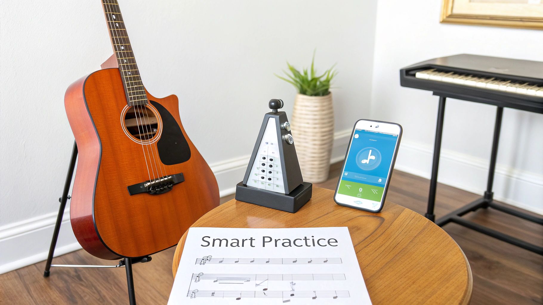 A complete music practice setup featuring a guitar, smart metronome, smartphone, and sheet music.