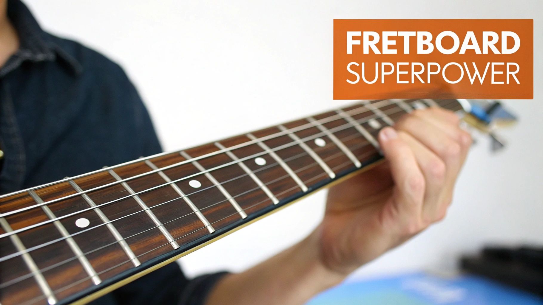 Close-up of a hand playing guitar on a fretboard with an orange 'FRETBOARD SUPERPOWER' banner.