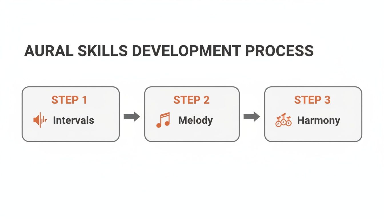 Flowchart illustrating the aural skills development process with steps: Intervals, Melody, and Harmony.