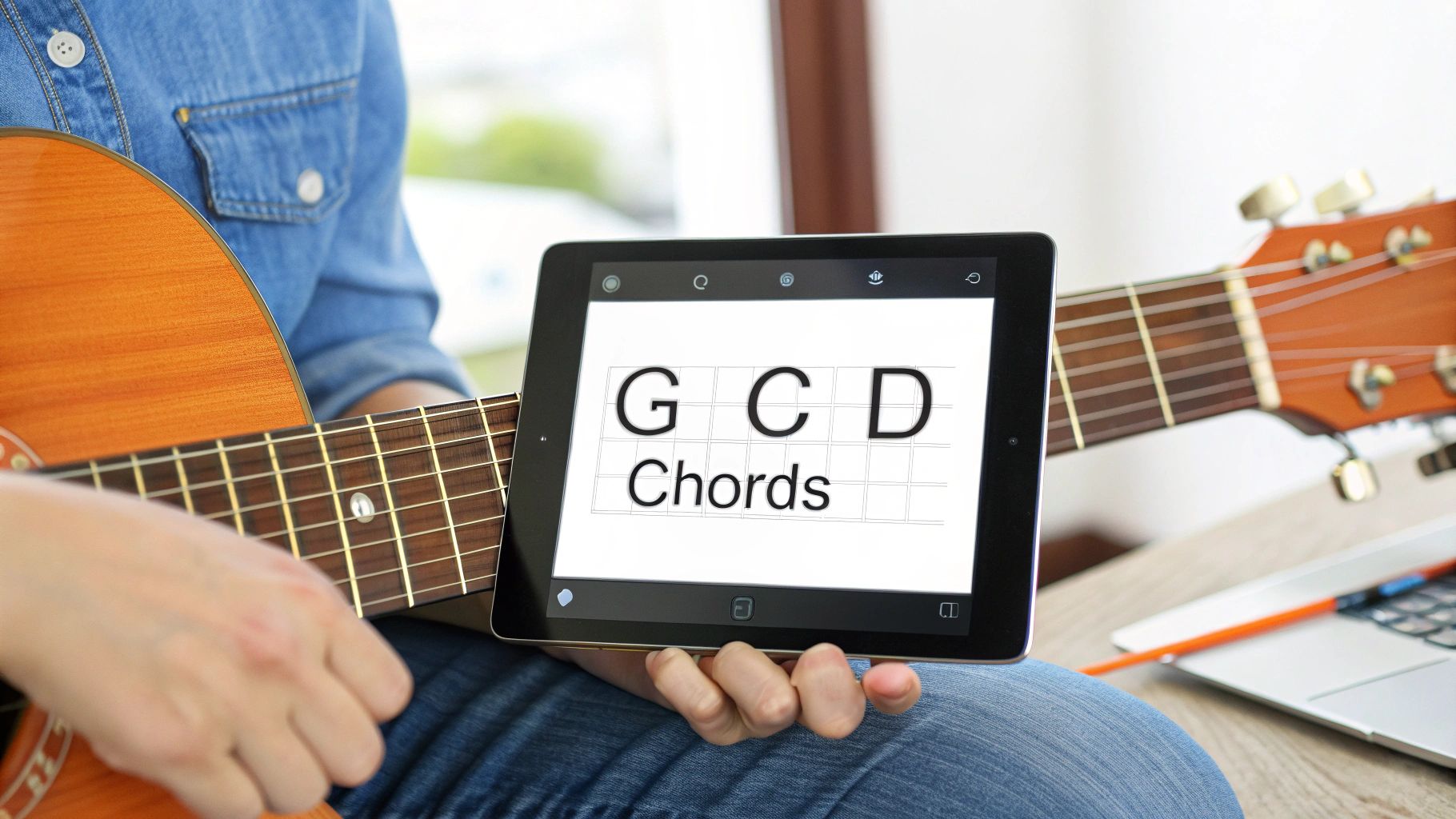 A person practices acoustic guitar using a tablet displaying G, C, D chords for learning.