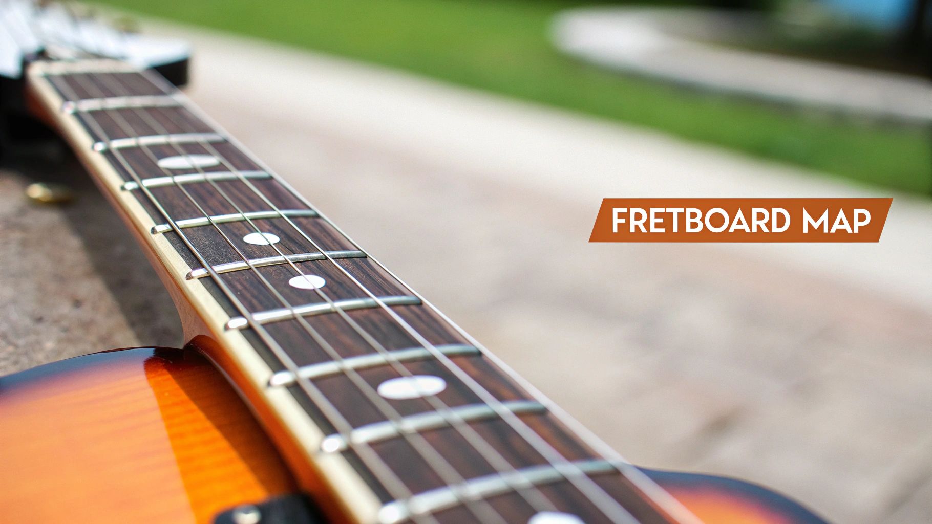 Close-up of an electric guitar fretboard with strings and white dot inlays, displaying 'FRETBOARD MAP'.