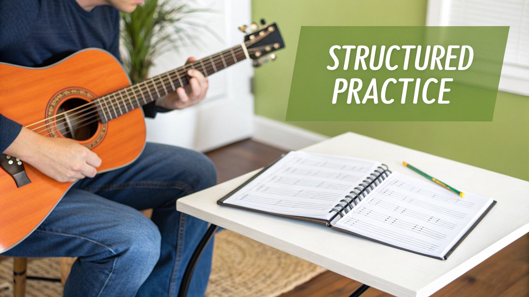 A person playing an acoustic guitar, with sheet music and a pencil on a white table, promoting structured practice.