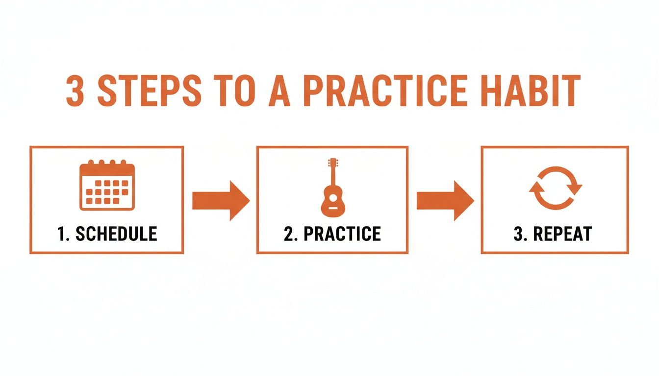 A visual guide illustrating three steps to build a practice habit: schedule, practice, and repeat.