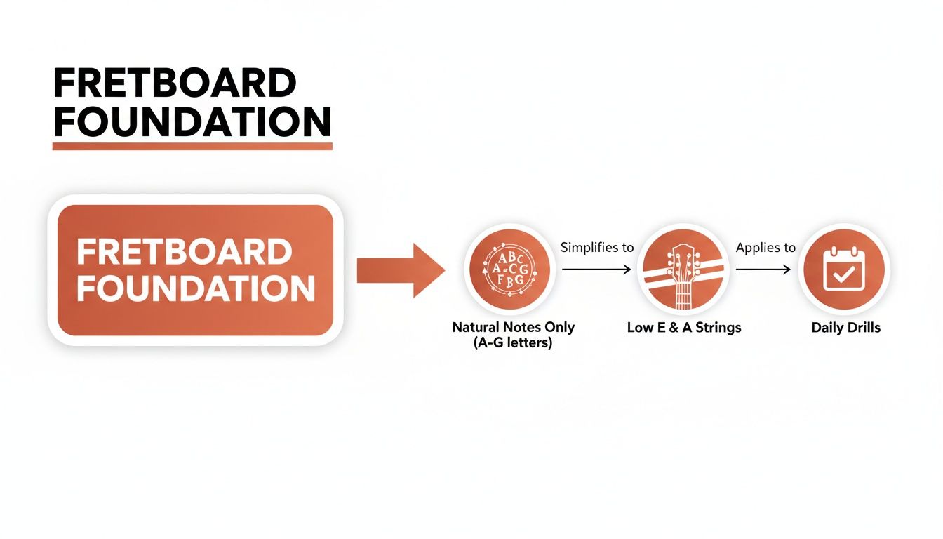 A flowchart illustrating the Fretboard Foundation method, simplifying natural notes for guitar practice.