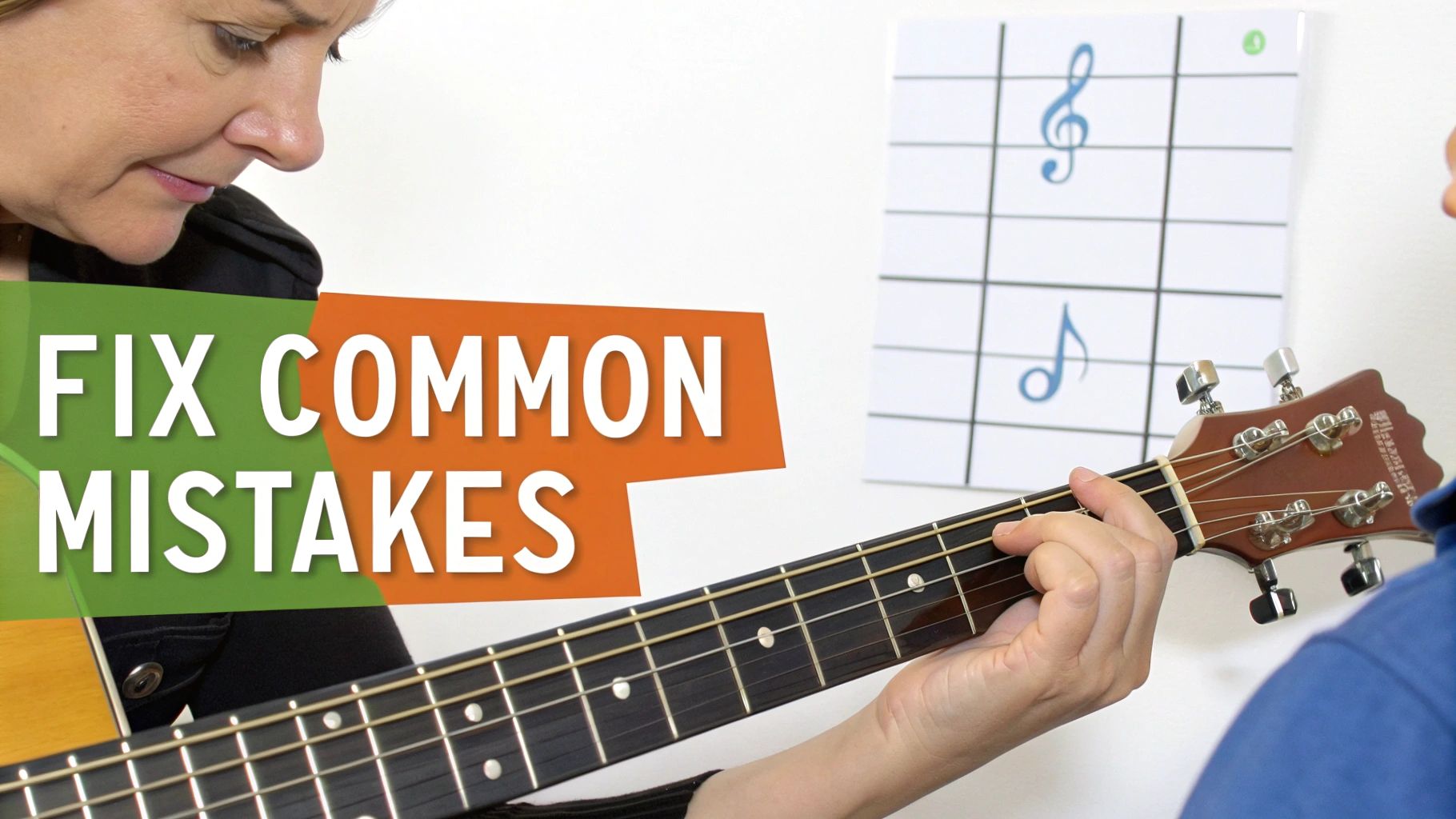 A guitar teacher demonstrates technique to a student, with musical notation in the background.