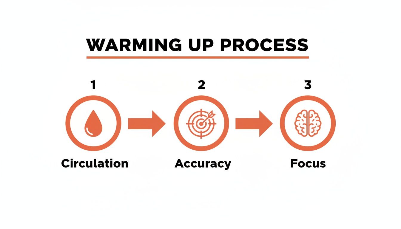 An infographic illustrating the warming up process with three key steps: circulation, accuracy, and focus.