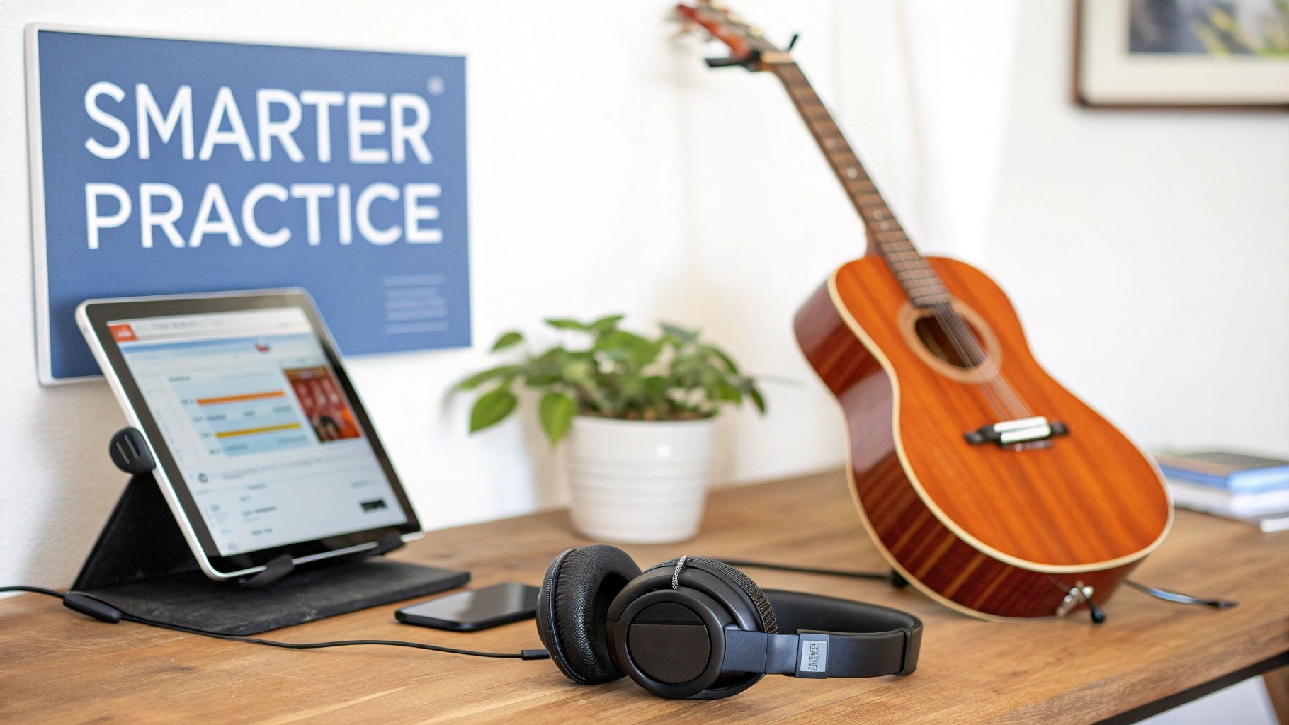 A desk with a tablet showing a music app, headphones, and an acoustic guitar, beneath a 'SMARTER PRACTICE' sign.