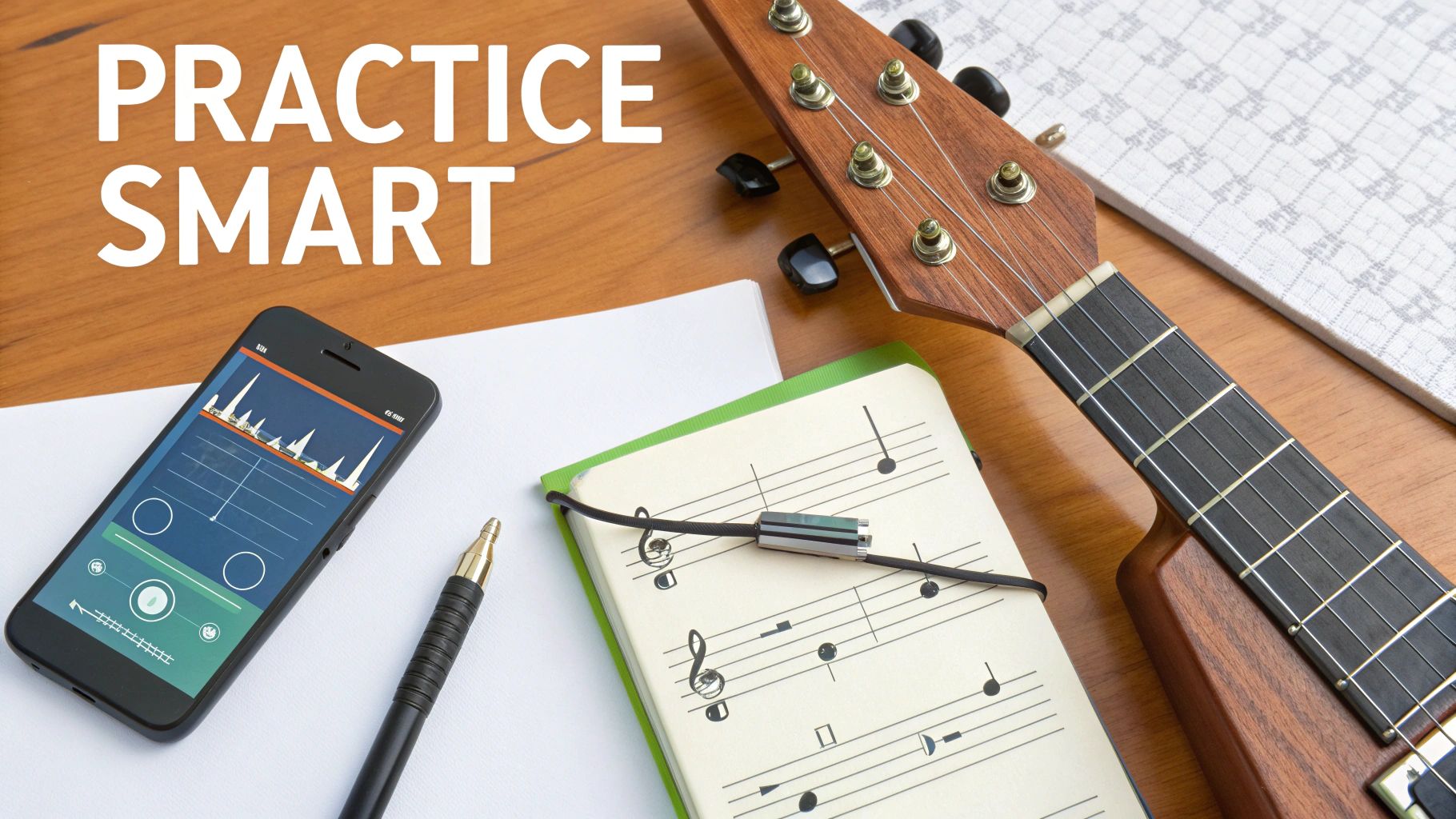'Practice Smart' text overlaid on a desk with a smartphone music app, sheet music, and a ukulele.