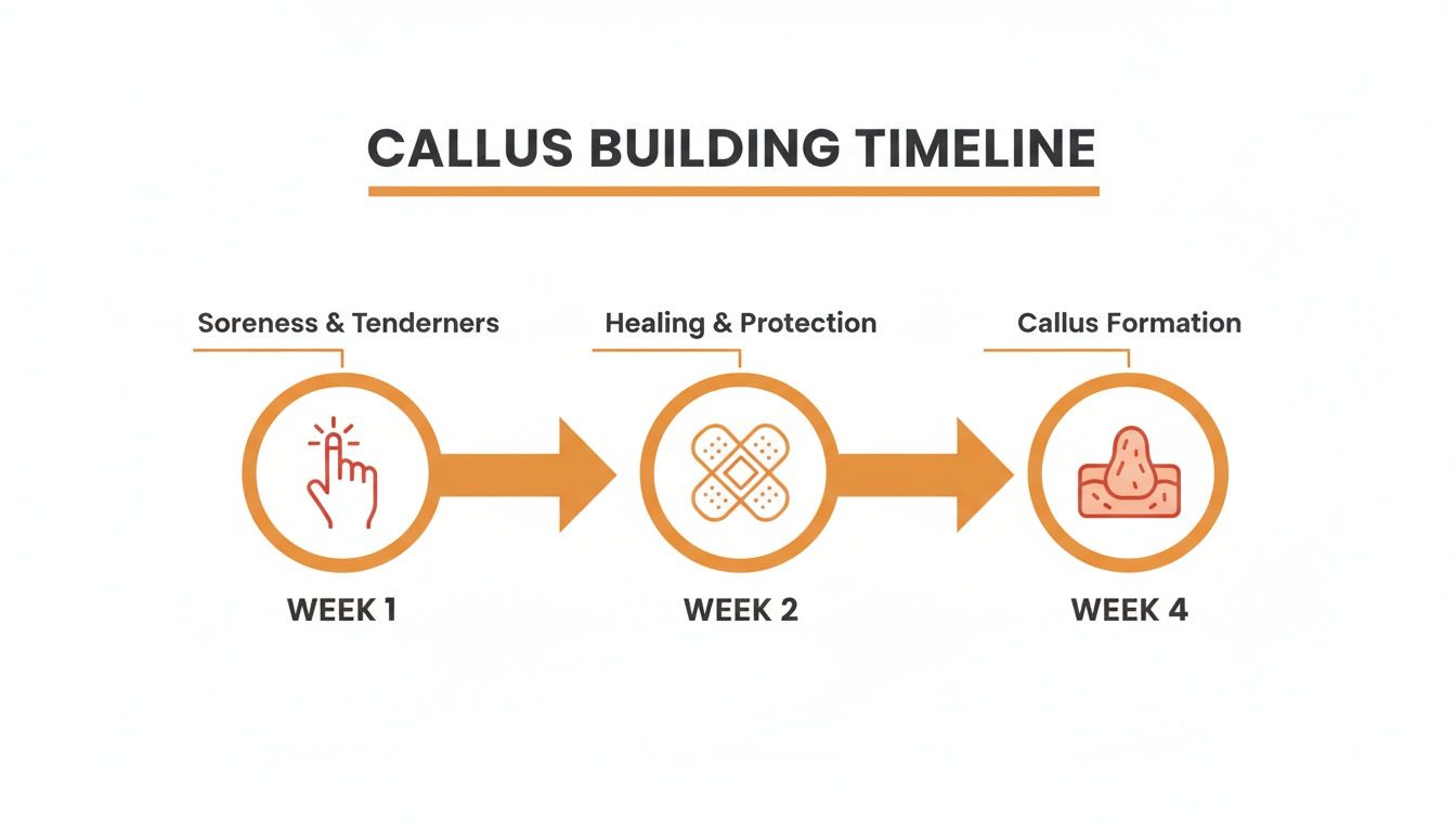 Timeline illustrating the stages of callus building, from initial soreness to full formation over four weeks.