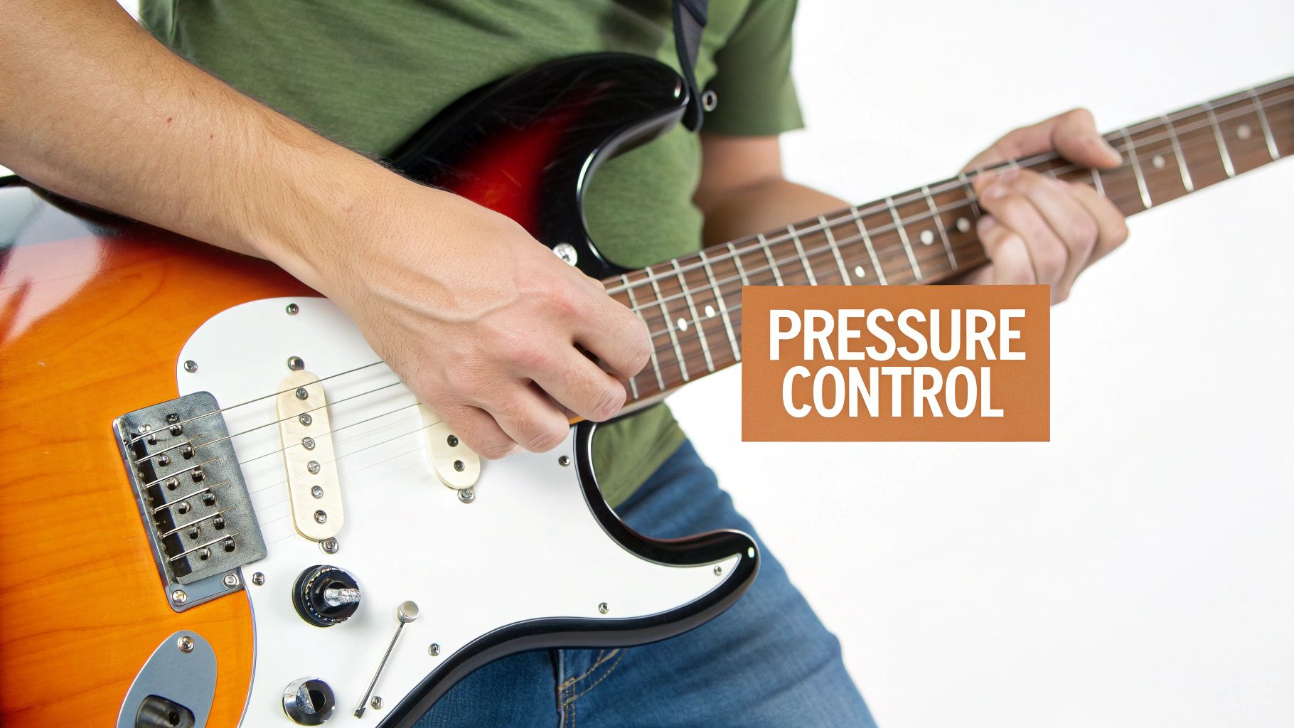 A person playing an electric guitar, focusing on hand placement and 'PRESSURE CONTROL' text.
