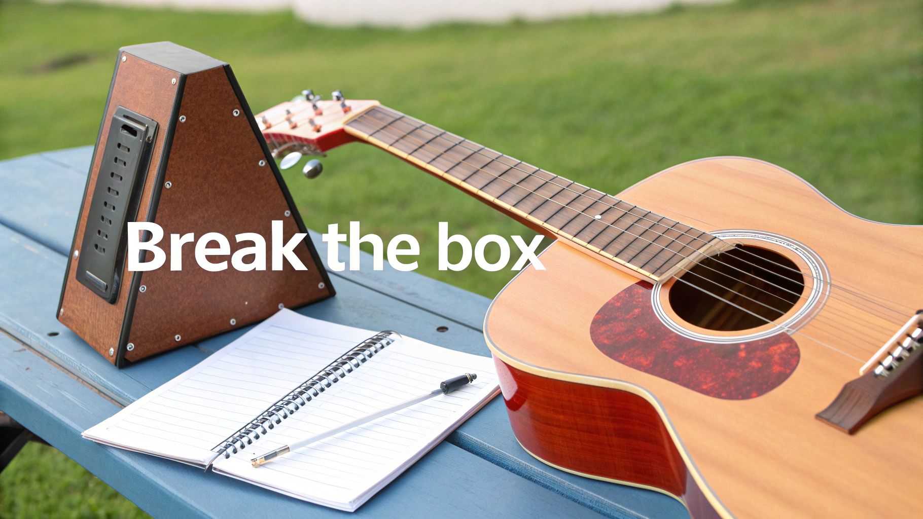 Acoustic guitar, triangular power strip, and notebook with a pen on an outdoor picnic table.