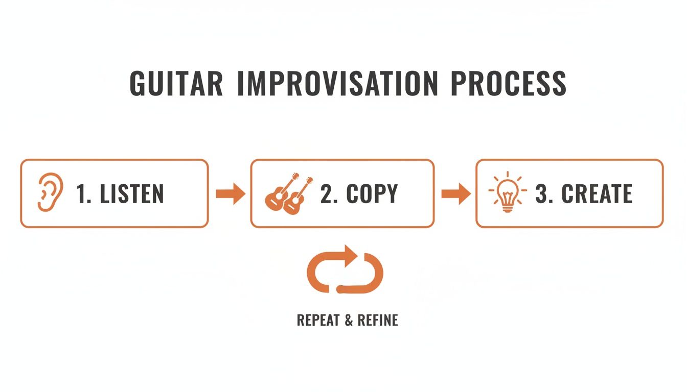 Diagram illustrating the three-step guitar improvisation process: listen, copy, and create, followed by repeat and refine.