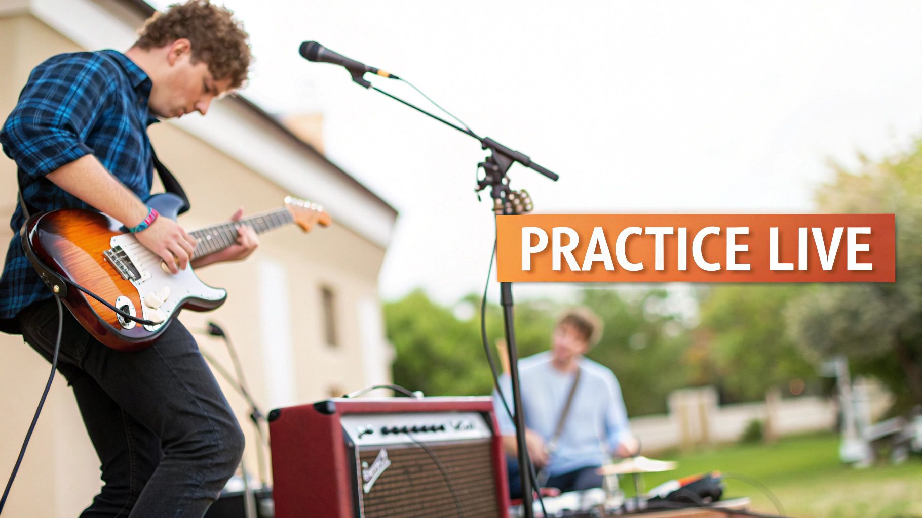 A man plays an electric guitar outdoors, with an amplifier and microphone stand, practicing live.