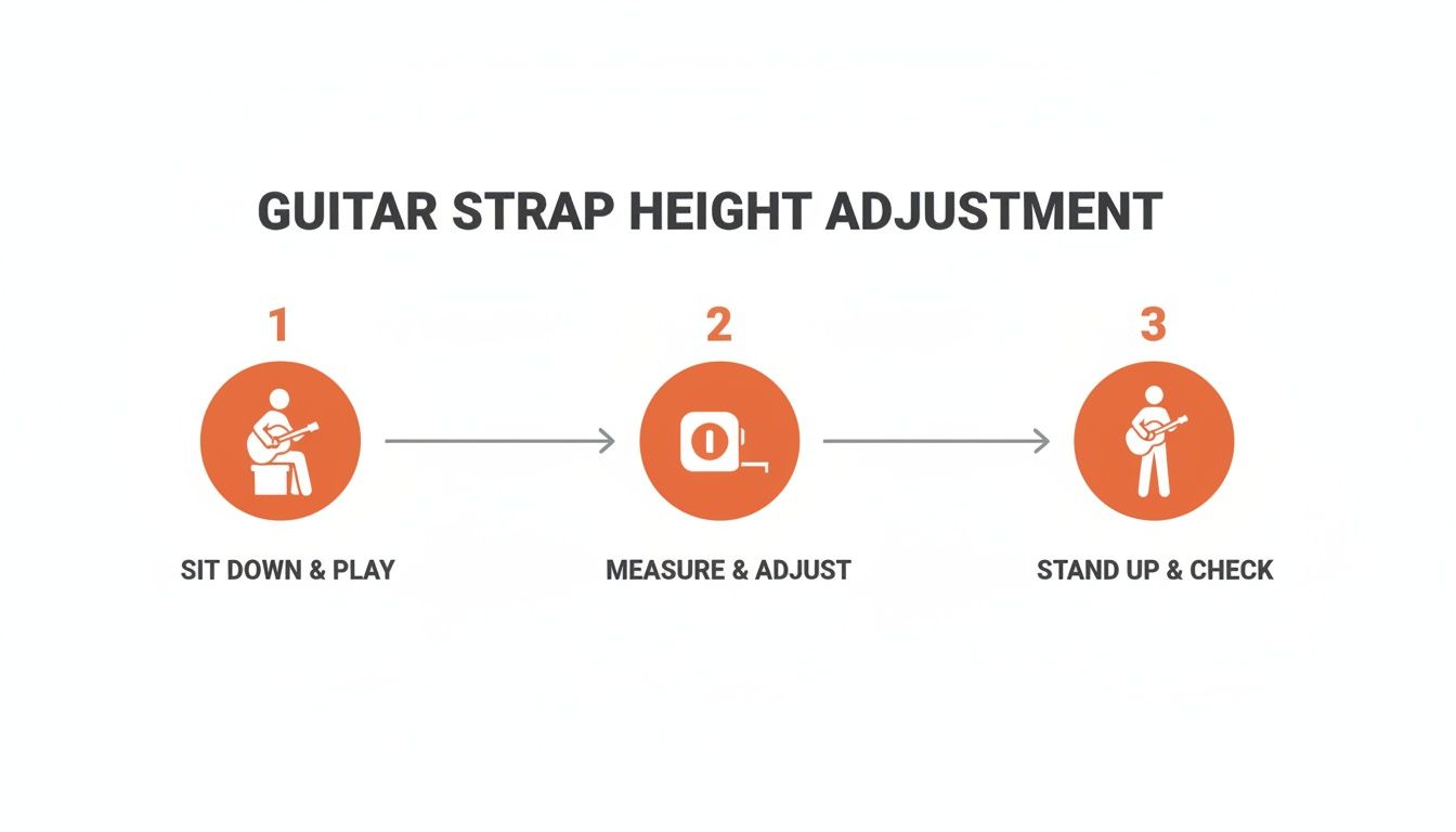 A three-step guide illustrating guitar strap height adjustment: sit, play, measure, adjust, stand, and check.