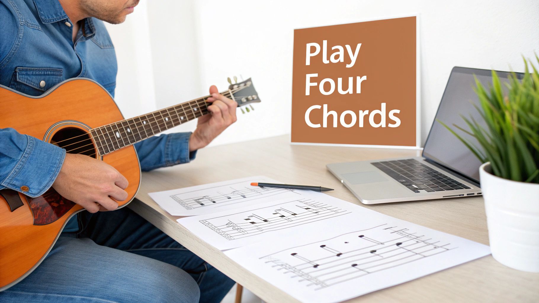 A person plays an acoustic guitar, reading sheet music, with a laptop and a 'Play Four Chords' sign.