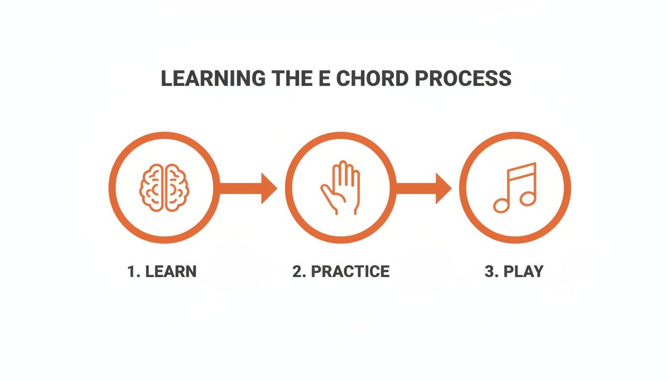 Infographic showing a three-step process to learn, practice, and play the E chord.