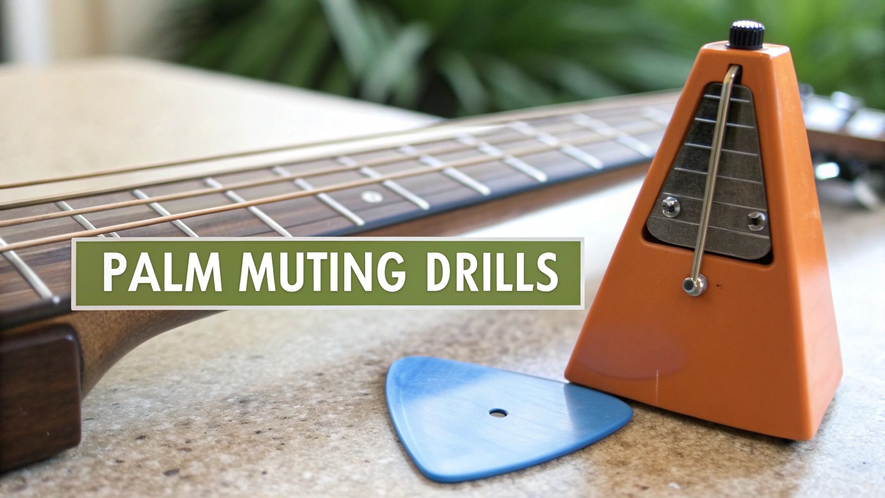A guitar fretboard, an orange metronome, and a blue pick with text 'PALM MUTING DRILLS'.