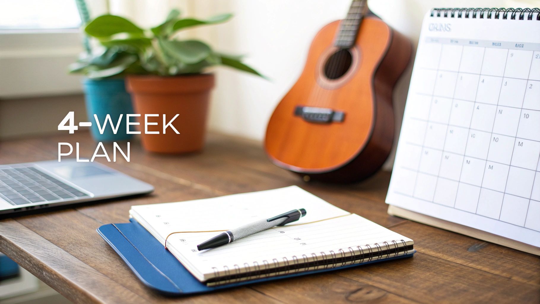 A desk with a laptop, guitar, calendar, notebook, and pen, showing a '4-WEEK PLAN'.