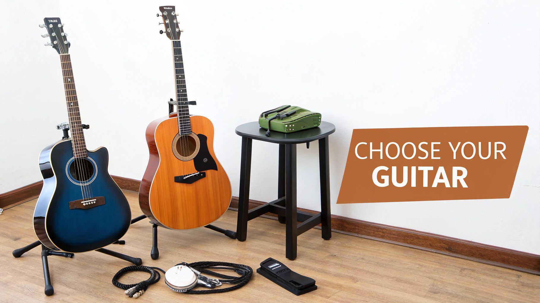 Two acoustic guitars in blue and natural wood on stands with music accessories on a wooden floor.