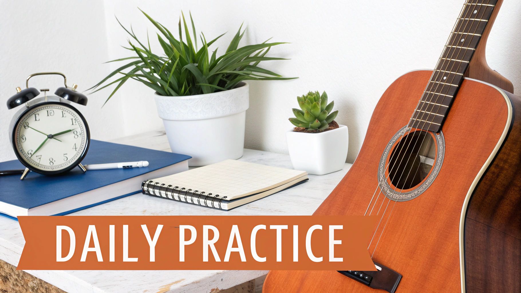 Acoustic guitar, alarm clock, notebooks, and potted plants on a desk with a 'Daily Practice' banner.
